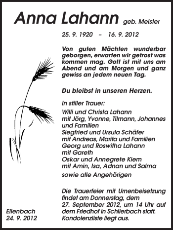 Traueranzeige von Anna Lahann von Starkenburger Echo