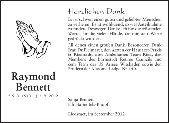 Traueranzeige von Raymond Bennett von Echo-Zeitungen (Gesamtausgabe)