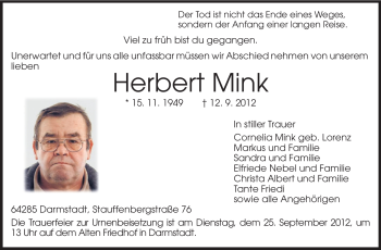 Traueranzeige von Herbert Mink von Echo-Zeitungen (Gesamtausgabe)