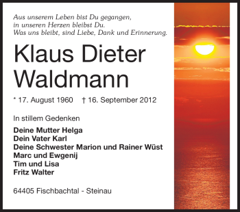 Traueranzeige von Klaus Dieter Waldmann von Echo-Zeitungen (Gesamtausgabe)