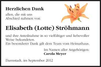 Traueranzeige von Elisabeth Ströhmann von Darmstädter Echo, Odenwälder Echo, Rüsselsheimer Echo, Groß-Gerauer-Echo, Ried Echo