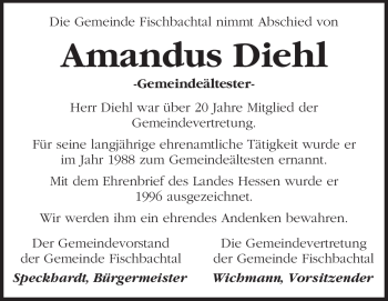 Traueranzeige von Amandus Diehl von Echo-Zeitungen (Gesamtausgabe)