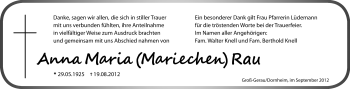 Traueranzeige von Anna Maria Rau von Rüsselsheimer Echo, Groß-Gerauer-Echo, Ried Echo