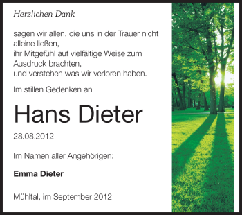 Traueranzeige von Hans Dieter von Echo-Zeitungen (Gesamtausgabe)