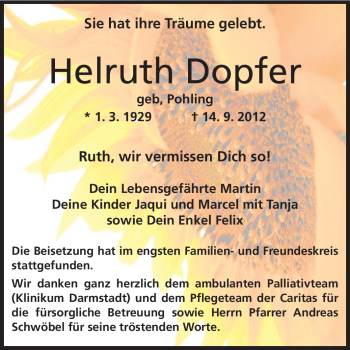 Traueranzeige von Helruth Dopfer von Echo-Zeitungen (Gesamtausgabe)