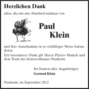 Traueranzeige von Paul Klein von Rüsselsheimer Echo, Groß-Gerauer-Echo, Ried Echo