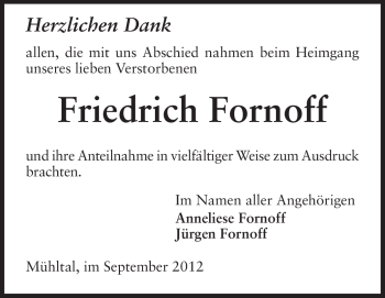 Traueranzeige von Friedrich Fornoff von Echo-Zeitungen (Gesamtausgabe)