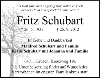 Traueranzeige von Fritz Schubart von Odenwälder Echo