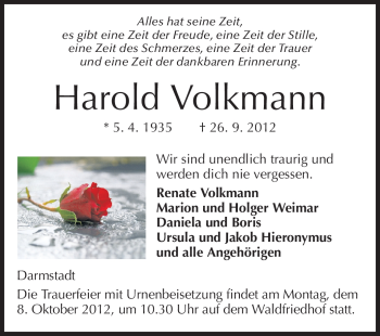 Traueranzeige von Harold Volkmann von Echo-Zeitungen (Gesamtausgabe)