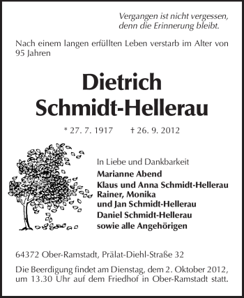 Traueranzeige von Dietrich Schmidt-Hellerau von Echo-Zeitungen (Gesamtausgabe)