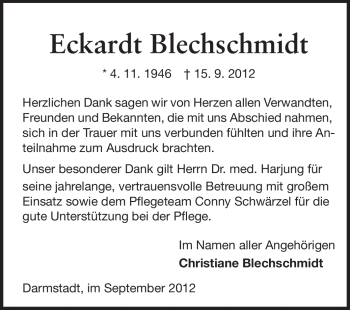 Traueranzeige von Eckardt Blechschmidt von Echo-Zeitungen (Gesamtausgabe)