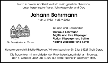 Traueranzeige von Johann Bohrmann von Rüsselsheimer Echo, Groß-Gerauer-Echo, Ried Echo