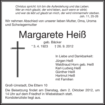 Traueranzeige von Margarete Heiß von Echo-Zeitungen (Gesamtausgabe)