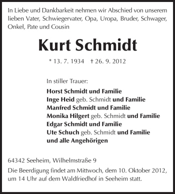 Traueranzeige von Kurt Schmidt von Echo-Zeitungen (Gesamtausgabe)