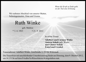 Traueranzeige von Ruth Winke von Rüsselsheimer Echo, Groß-Gerauer-Echo, Ried Echo