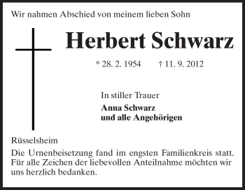 Traueranzeige von Herbert Schwarz von Rüsselsheimer Echo, Groß-Gerauer-Echo, Ried Echo