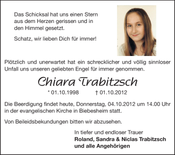 Traueranzeige von Chiara Trabitzsch von Rüsselsheimer Echo, Groß-Gerauer-Echo, Ried Echo