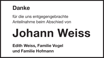 Traueranzeige von Johann Weiss von Echo-Zeitungen (Gesamtausgabe)