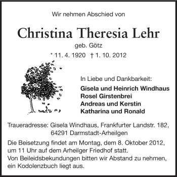 Traueranzeige von Christina Theresia Lehr von Echo-Zeitungen (Gesamtausgabe)