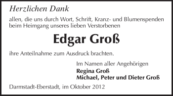 Traueranzeige von Edgar Groß von Echo-Zeitungen (Gesamtausgabe)
