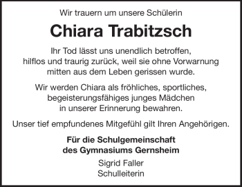 Traueranzeige von Chiara Trabitzsch von Rüsselsheimer Echo, Groß-Gerauer-Echo, Ried Echo