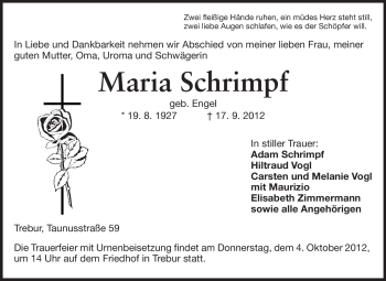 Traueranzeige von Maria Schrimpf von Rüsselsheimer Echo, Groß-Gerauer-Echo, Ried Echo