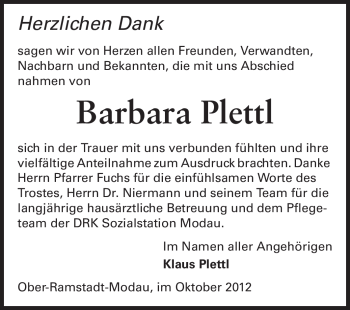 Traueranzeige von Barbara Plettl von Darmstädter Echo, Odenwälder Echo, Rüsselsheimer Echo, Groß-Gerauer-Echo, Ried Echo