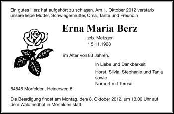 Traueranzeige von Erna Maria Berz von Rüsselsheimer Echo, Groß-Gerauer-Echo, Ried Echo
