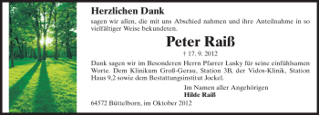 Traueranzeige von Peter Raiß von Rüsselsheimer Echo, Groß-Gerauer-Echo, Ried Echo