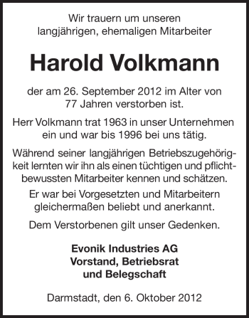 Traueranzeige von Harold Volkmann von Darmstädter Echo, Odenwälder Echo, Rüsselsheimer Echo, Groß-Gerauer-Echo, Ried Echo