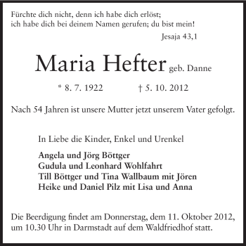 Traueranzeige von Maria Hefter von Echo-Zeitungen (Gesamtausgabe)