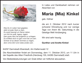 Traueranzeige von Maria Kinkel von Echo-Zeitungen (Gesamtausgabe)