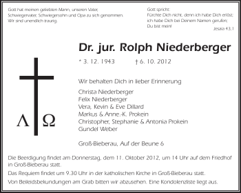 Traueranzeige von Rolph Niederberger von Echo-Zeitungen (Gesamtausgabe)