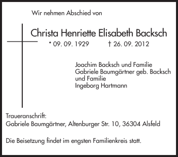 Traueranzeige von Christa Henriette Elisabeth Backsch von Odenwälder Echo