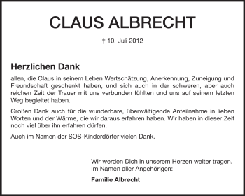 Traueranzeige von Claus Albrecht von Echo-Zeitungen (Gesamtausgabe)