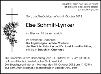 Traueranzeige von Else Schmitt-Lynker von Odenwälder Echo