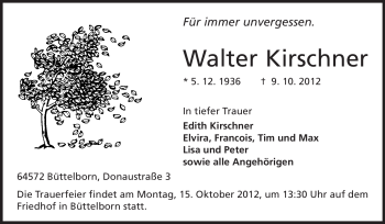 Traueranzeige von Walter Kirschner von Rüsselsheimer Echo, Groß-Gerauer-Echo, Ried Echo