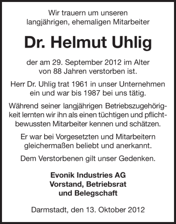 Traueranzeige von Helmut Uhlig von Darmstädter Echo, Odenwälder Echo, Rüsselsheimer Echo, Groß-Gerauer-Echo, Ried Echo