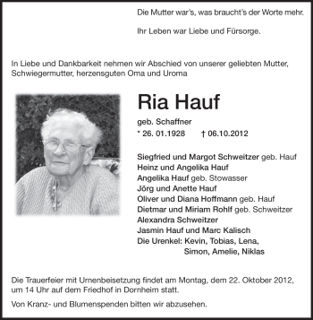 Traueranzeige von Ria Hauf von Rüsselsheimer Echo, Groß-Gerauer-Echo, Ried Echo