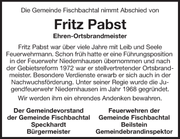Traueranzeige von Fritz Pabst von Echo-Zeitungen (Gesamtausgabe)