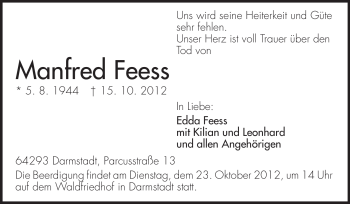 Traueranzeige von Manfred Feess von Echo-Zeitungen (Gesamtausgabe)
