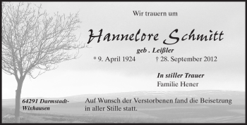 Traueranzeige von Hannelore Schmitt von Echo-Zeitungen (Gesamtausgabe)