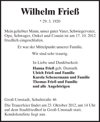 Traueranzeige von Wilhelm Frieß von Echo-Zeitungen (Gesamtausgabe)