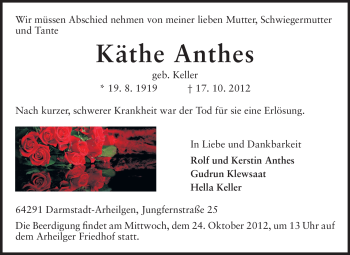Traueranzeige von Käthe Anthes von Echo-Zeitungen (Gesamtausgabe)
