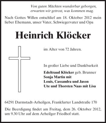 Traueranzeige von Heinrich Klöcker von Echo-Zeitungen (Gesamtausgabe)