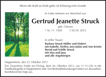 Traueranzeige von Gertrud Jeanette Struck von Starkenburger Echo, Bergsträßer Anzeiger