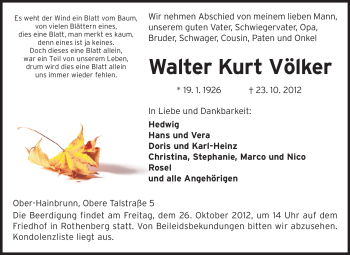 Traueranzeige von Walter Kurt Völker von Odenwälder Echo