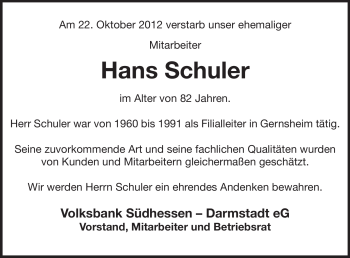 Traueranzeige von Hans Schuler von Rüsselsheimer Echo, Groß-Gerauer-Echo, Ried Echo