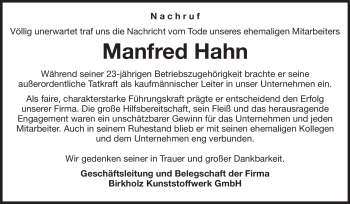 Traueranzeige von Manfred Hahn von Starkenburger Echo