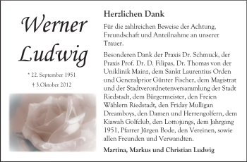 Traueranzeige von Werner Ludwig von Rüsselsheimer Echo, Groß-Gerauer-Echo, Ried Echo